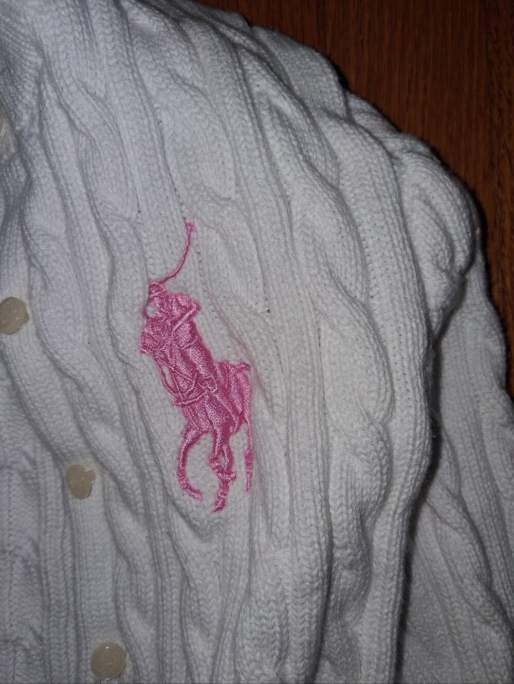 Ralph Lauren White Cable-Knit Ruffle Cardigan with Pink Pony - Girls - Picture 3 of 8